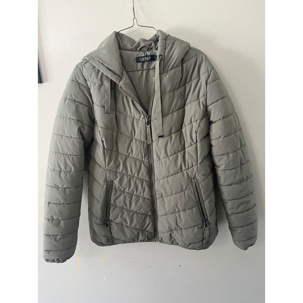 LAUREN RALPH LAUREN Puffer Jacket Hooded Women M Sage Green Quilted Lightweight